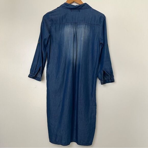 Song of Style Chambray Dress Blue Denim Lace Up Front Roll Up Tab Sleeves Small - Picture 5 of 9